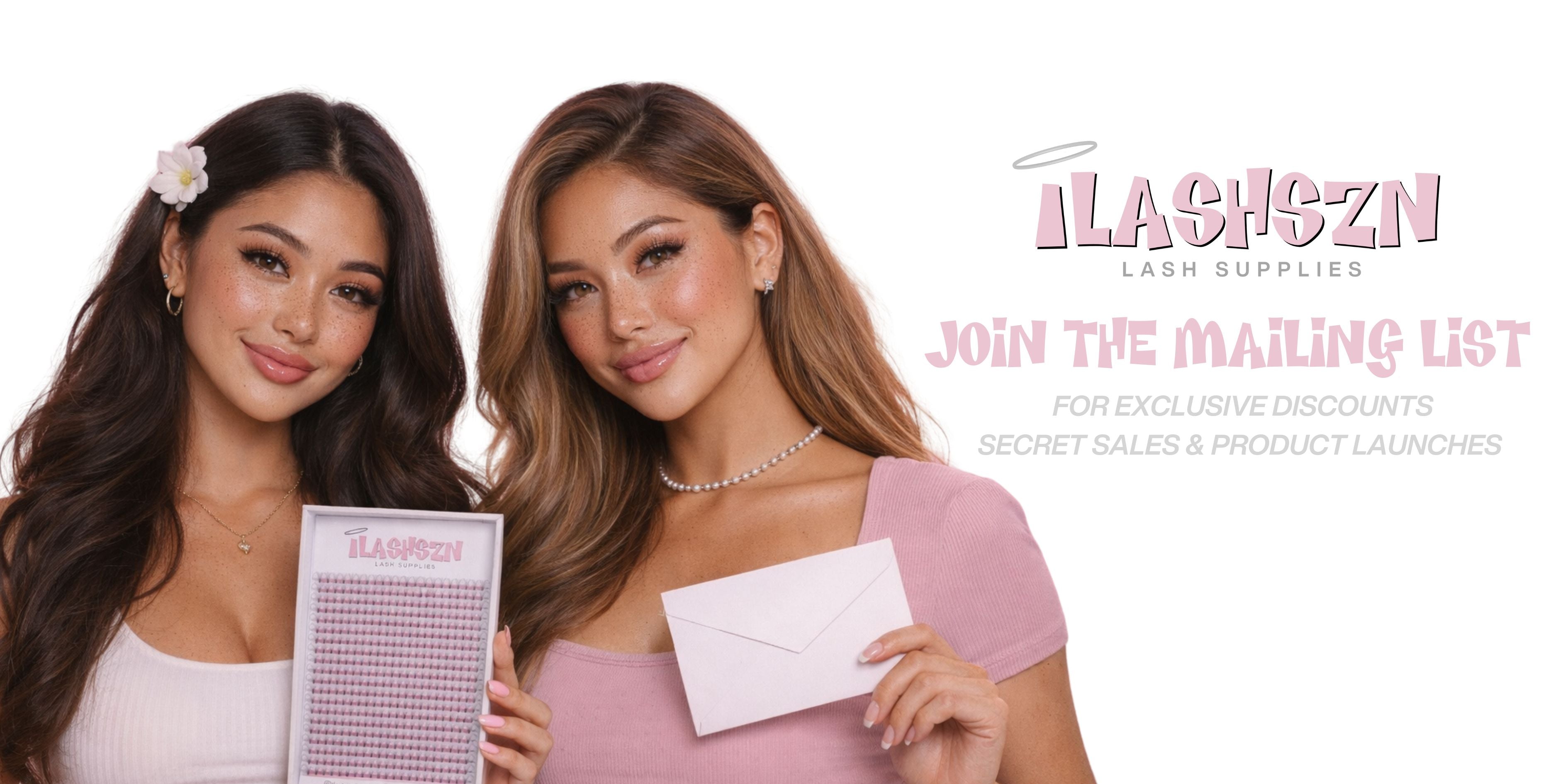 Two women holding a lash product and an envelope with 'Ilashozn' branding.